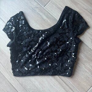 Express Black Sequin Cap Sleeve Cropped Top Size S